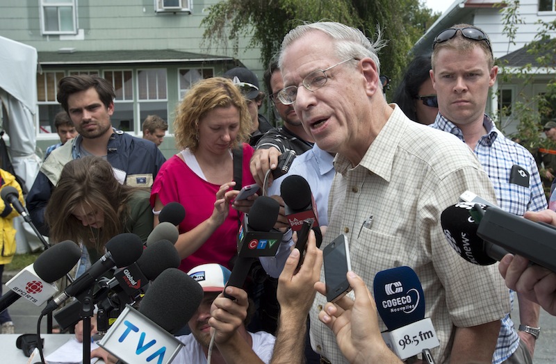 Rail World Inc. president Edward Burkhardt speaks to the media as he tours Lac-Megantic, Quebec, on Wednesday, July 10, 2013. A Rail World train crashed into the town killing at least 15 people. Burkhardt blamed the accident on an employee who he said had failed to properly set the brakes. (AP Photo/The Canadian Press, Paul Chiasson) Canada