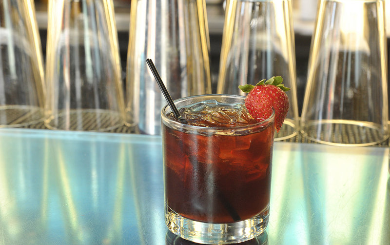 Guy Streitburger's finished strawberry-rhubarb shrub with Eight Bells rum.