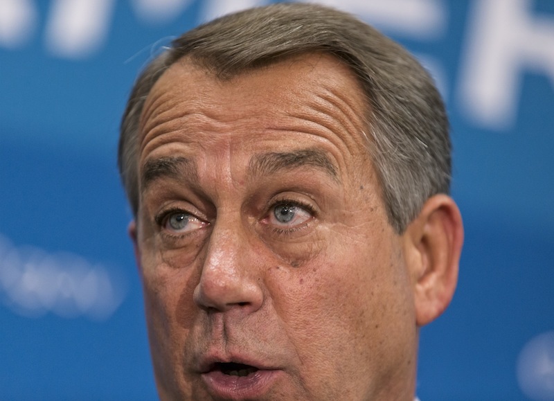 Speaker of the House John Boehner, R-Ohio, and GOP leaders speak to reporters after a closed-door strategy session at the Capitol in Washington, Thursday, Sept. 26, 2013. Pressure is building on fractious Republicans over legislation to prevent a partial government shutdown, as the Democratic-led Senate is expected to strip a tea party-backed plan to defund the Affordable Care Act, popularly known as "Obamacare," from their bill. Boehner originally preferred a plan to deliver to President Obama a stopgap funding bill without the provision to eliminate the health care law. (AP Photo/J. Scott Applewhite)