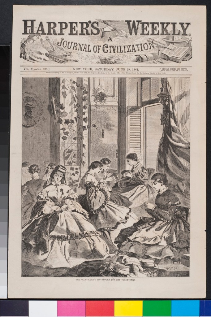 “The War – Making Havelocks for the Volunteers,” from Harper’s Weekly, June 29, 1861, wood engraving, gift of Peggy and Harold Osher, from “Winslow Homer’s Civil War” at the Portland Museum of Art.