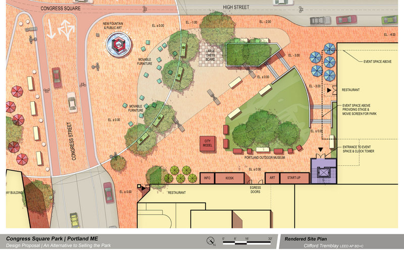 Clifford Tremblay's proposal for a new Congress Square Park, with a new event space built above the roof of the adjacent hotel wing and kiosks for small businesses.