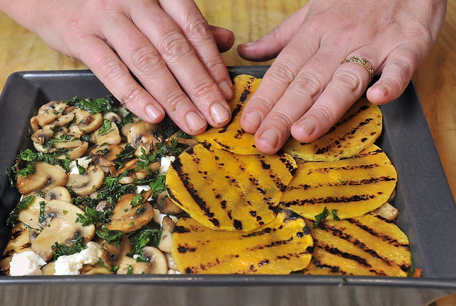 Another layer of grilled butternut squash is added to Christine Burns Rudalevige's No-Noodle Vegetable and Turkey Lasagna