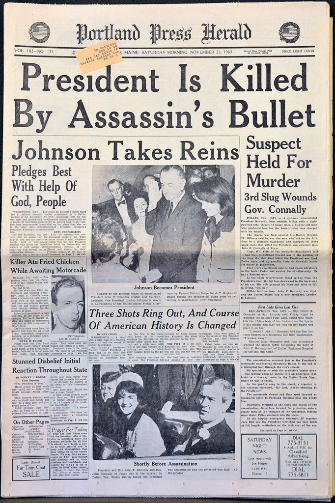 Gordon Chibroski/Staff Photographer . Wednesday, November 13, 2013. Copy shot of the Press Herald front page from the Saturday, Nov. 23, 1963 edition.