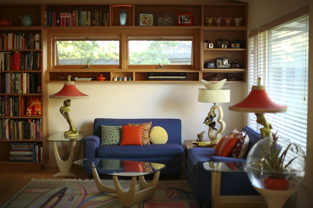 The living room in the Charbonneau-Berven ranch became even more open and airy – and full of welcome storage – post-renovation.