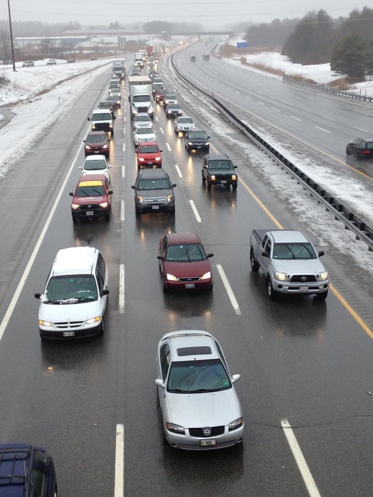 Northbound traffic on I-95 moving slowly during the morning commute at Exit 36.