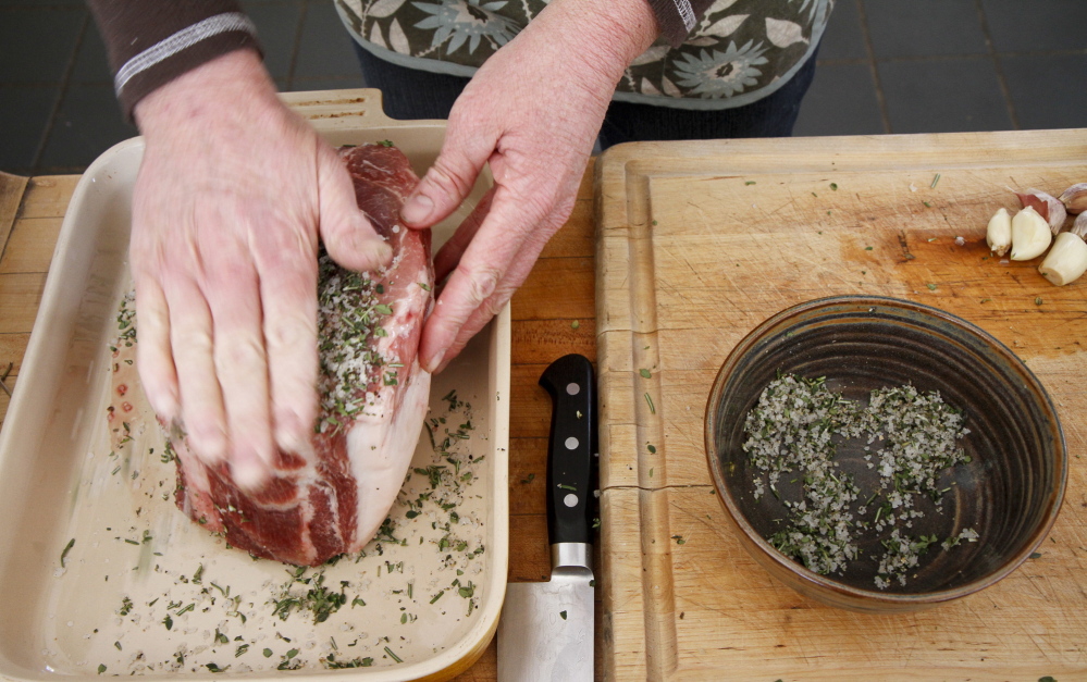 Wiederkehr applies an herb-salt mixture to the meat which she then browns.