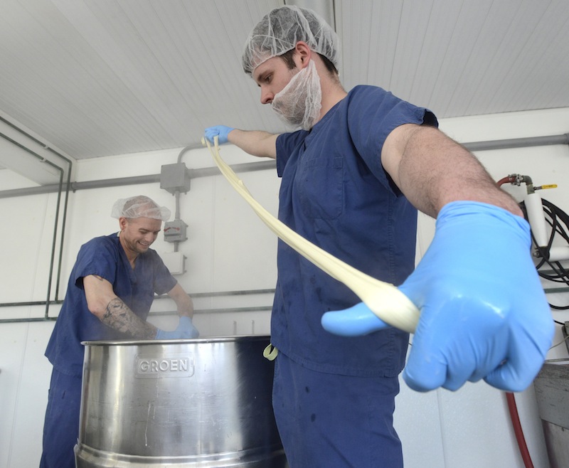 Cheesemakers Kris Burleigh and Tyler Renaud make a mexican oaxaca cheese at Silver Moon Creamery in Westbrook on April 10, 2014.