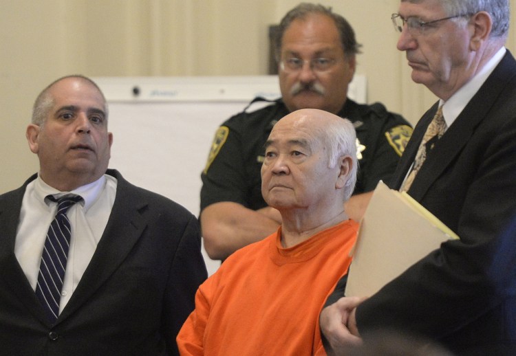 James Pak appears in court on June 10, 2015, along with his attorneys, Lawrence Goodglass, left, and Joel Vincent. At the time, Pak pled not guilty by reason of insanity to two counts of murder in the deaths of Derrick Thompson, 19, and Alivia Welch, 18. Shawn Patrick Ouellette/Staff Photographer