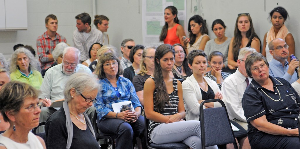 People who packed a public hearing in Augusta on Tuesday listen to testimony on a citizen-initiated proposal for the Department of Environmental Protection to add four types of phthalates to a high-priority list of chemicals regulated under Maine’s Kid-Safe Products Act