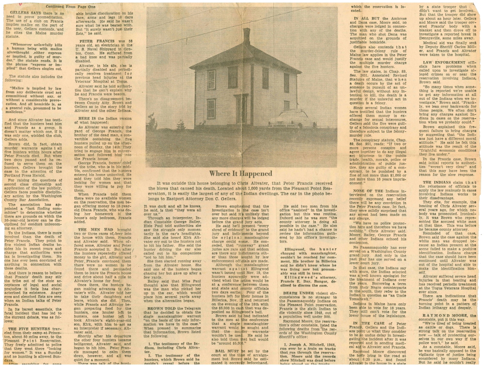 Here is a detail of the clipping of Portland Press Herald reporter William Williamson’s Dec. 5, 1965, story about the killing of Peter Francis, a 59-year-old Passamaquoddy man.