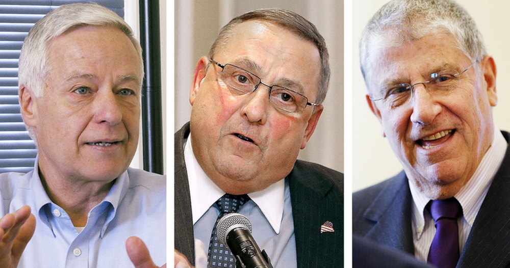 The three candidates squaring off for Maine governor. from left: Democratic U.S. Rep. Mike Michaud, Republican Gov. Paul LePage and independent Eliot Cutler.