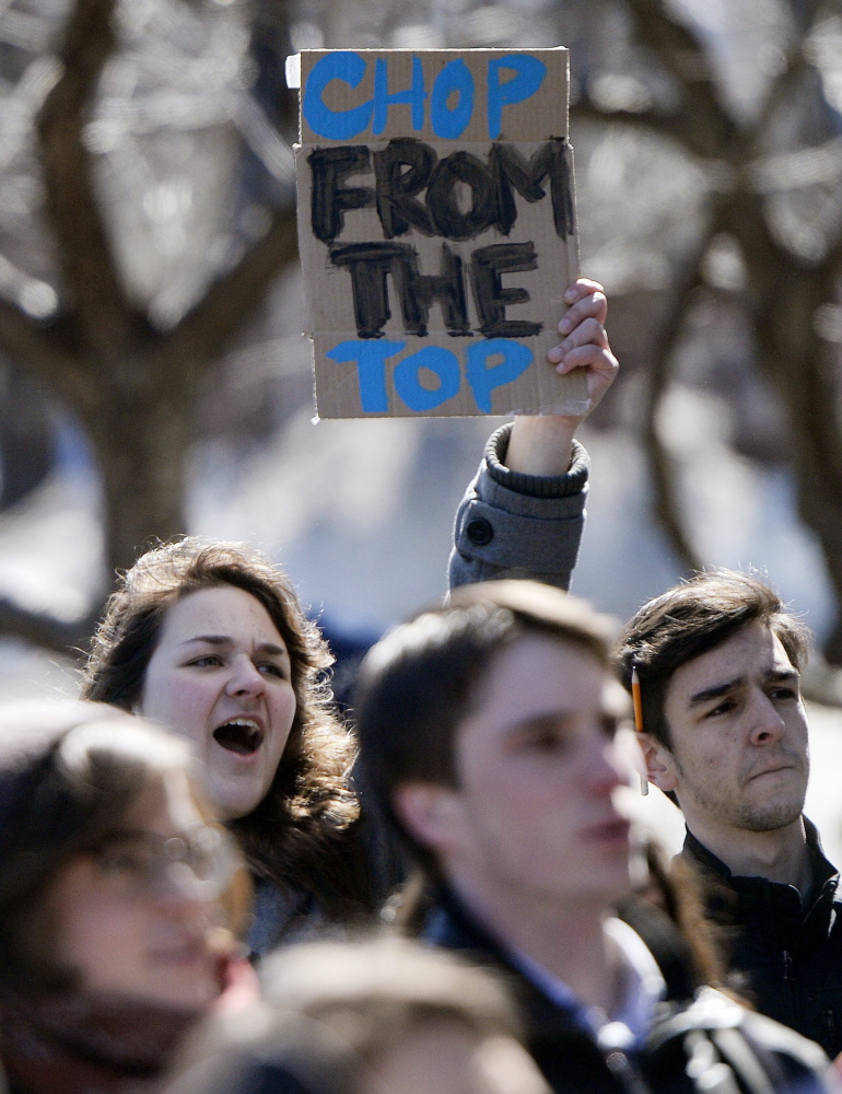 In March, USM sophomore Rhiannon Vonder Haar protests cuts in programs and faculty planned by President Theodora Kalikow as she tried to plug a budget shortfall at the university.