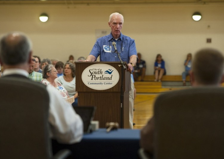 Joseph Conroy addresses South Portland Mayor Jerry Jalbert, City Manager James Gailey and city councilors during the citizen comment period at a council meeting Monday night. Nearly 300 people turned out for the council’s final vote on the so-called “Clear Skies Ordinance,” which was approved on a 6-1 vote.