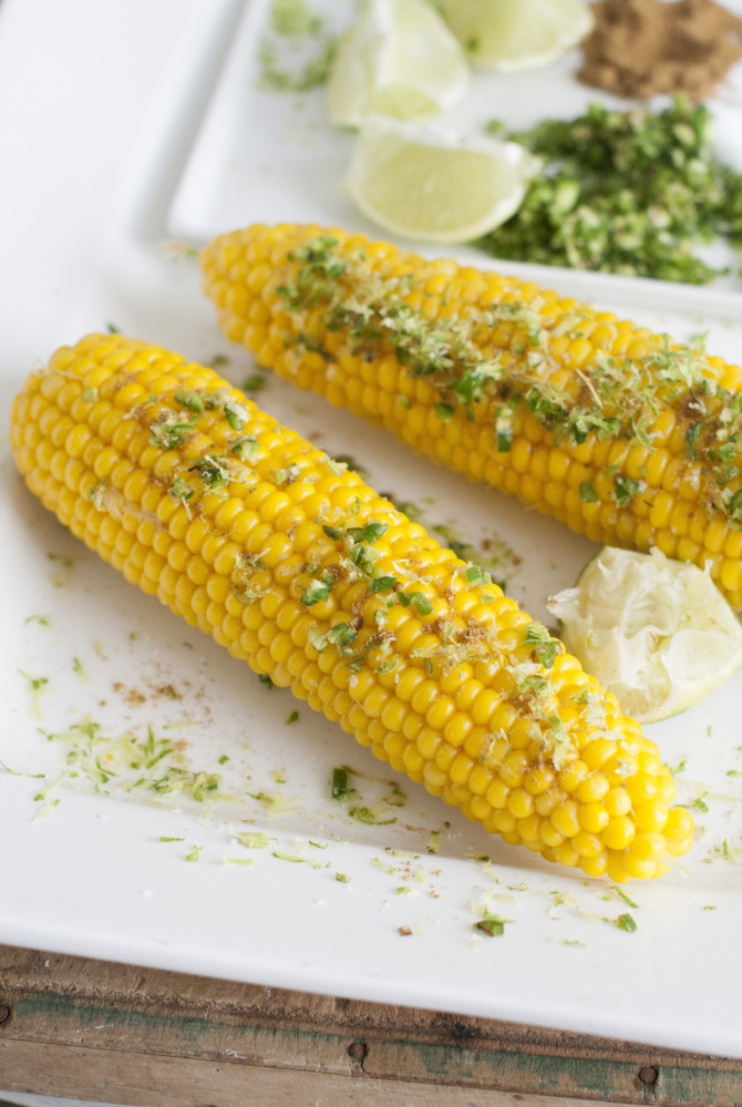 Corn on the cob with chili lime seasoning.