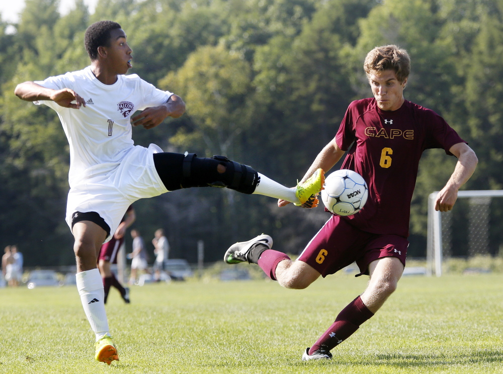 Nick Wilson of Freeport, left, competes with R.J. Sarka of Cape Elizabeth for the ball during Cape Elizabeth’s 2-1 victory Friday in a Western Maine Conference opener.