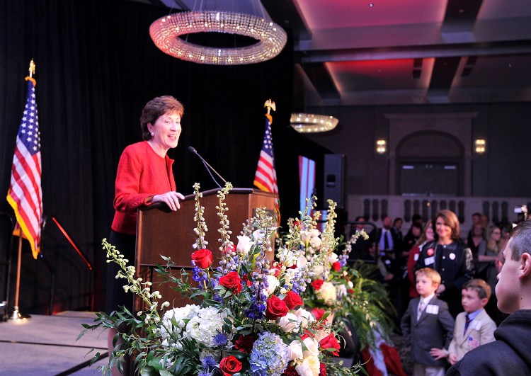 U.S. Sen. Susan Collins thanks her supporters, staff and volunteers at a party at the Westin in Portland on Tuesday.