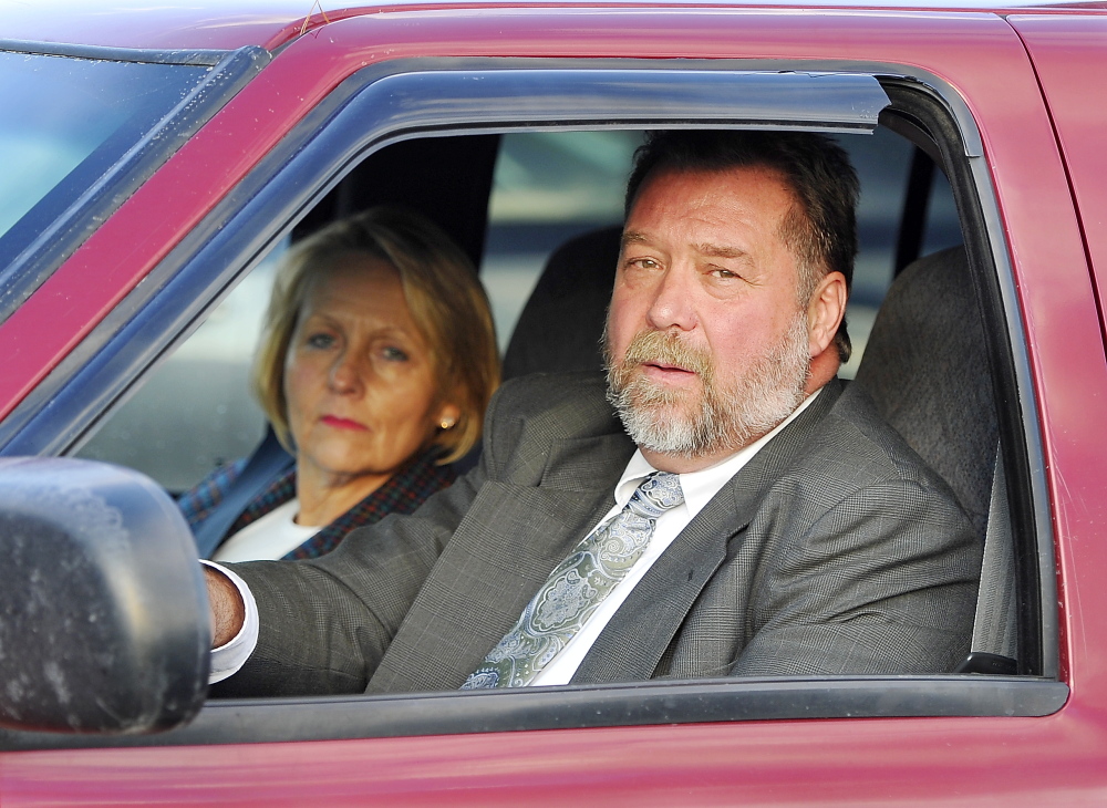 Ronald Petersen of Bridgton, shown leaving the York County Courthouse with his wife during his trial in November, was found guilty of felony theft by deception.