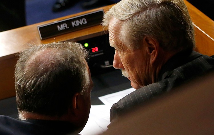 U.S. Sen. Angus King, I-Maine, right, confers with Sen. Tim Kaine, D-Virginia on Capitol Hill. They serve on two committees together.