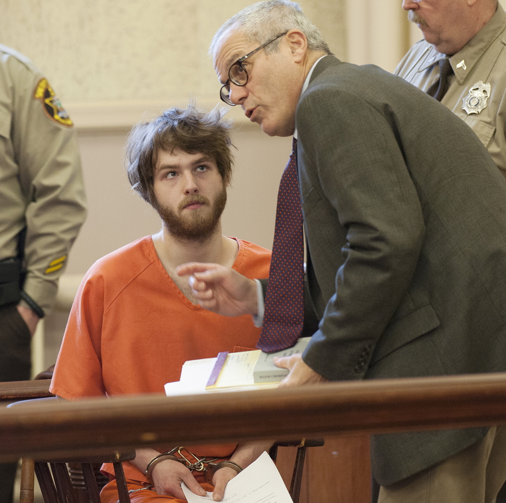 Dana Craney talks with his attorney, Walter Hanstein, before his initial appearance in Franklin County Superior Court in Farmington on Monday.