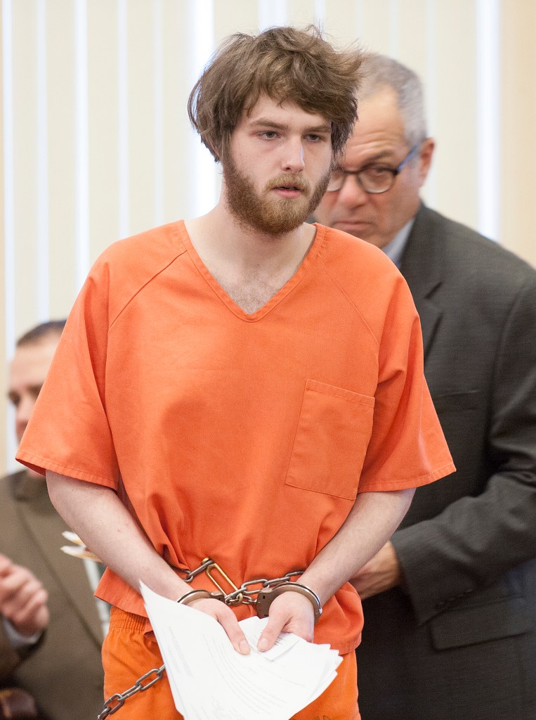 Dana Craney and his attorney Walter Hanstein approach the microphone during Craney's initial appearance in Franklin County Superior Court in Farmington on Monday. Craney is charged in connection with the death of his grandmother Joanne Goudreau of Weld.
