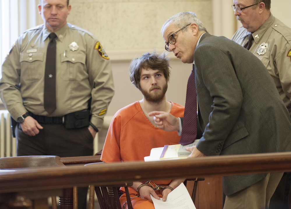 Dana Craney, center, talks with his attorney Walter Hanstein in Franklin County Superior Court in Farmington. Craney pleaded guilty Monday to killing his grandmother.