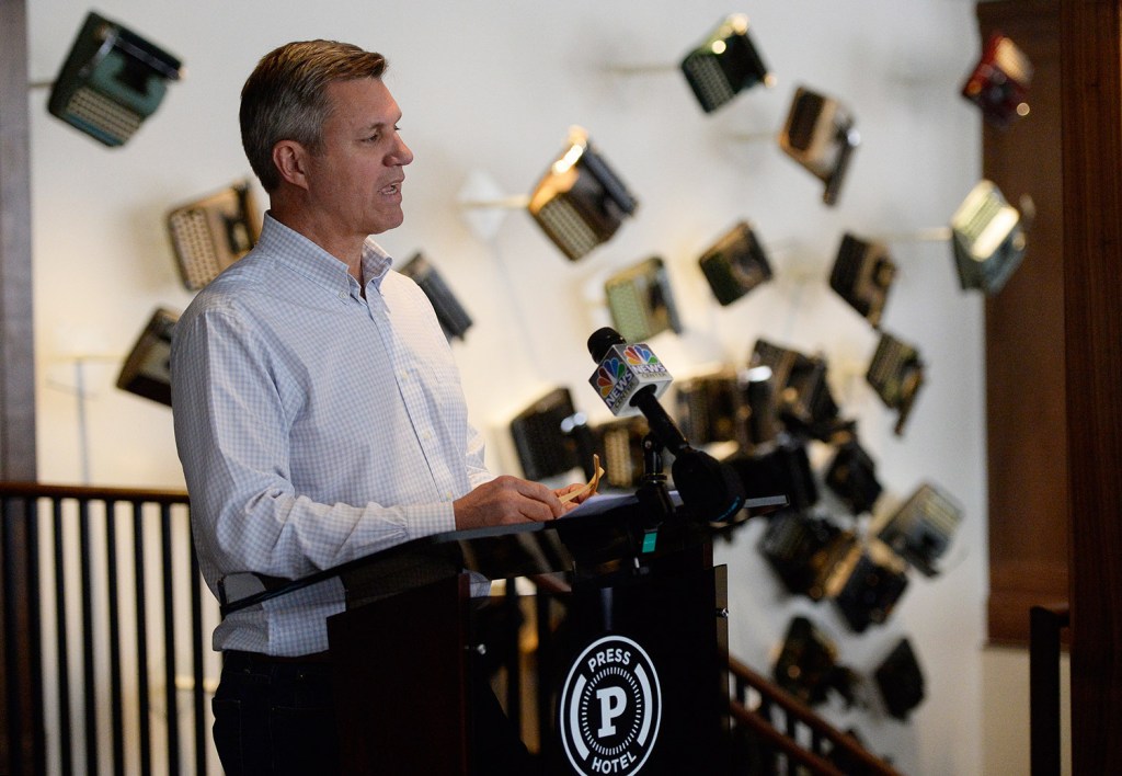 Jim Brady, owner of the former Portland Co. complex, speaks during a press conference Tuesday at the Press Hotel. He said a “small but vocal group” of opponents is discrediting the work of city planners, and the Planning Board.
Shawn Patrick Ouellette/Staff Photographer