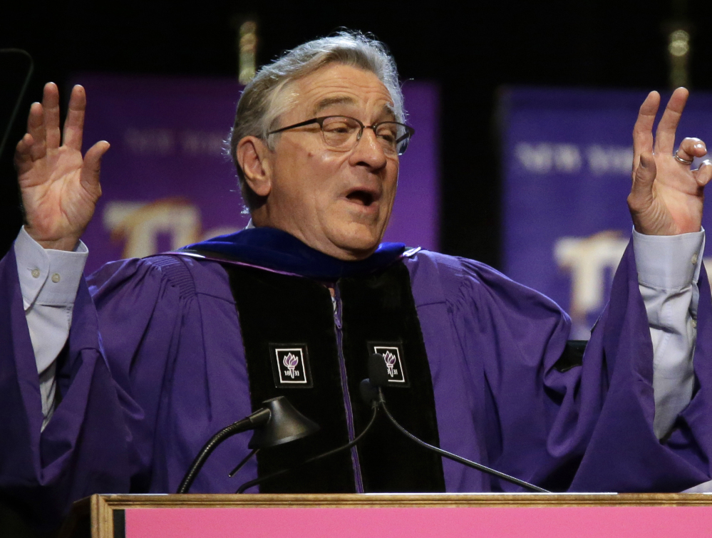 Actor Robert De Niro addresses New York University’s Tisch School of the Arts graduation ceremony Friday in New York.