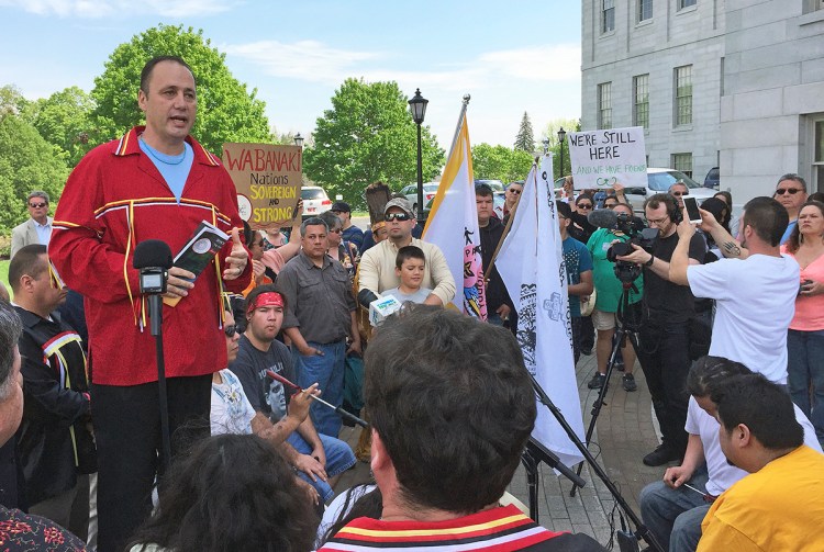 Chief Kirk Francis of the Penobscot Nation speaks Tuesday during a rally outside of the State House about the Penobscot and Passamaquoddy tribes’ decision to withdraw their representatives from the Legislature.
Kevin Miller / Staff Writer