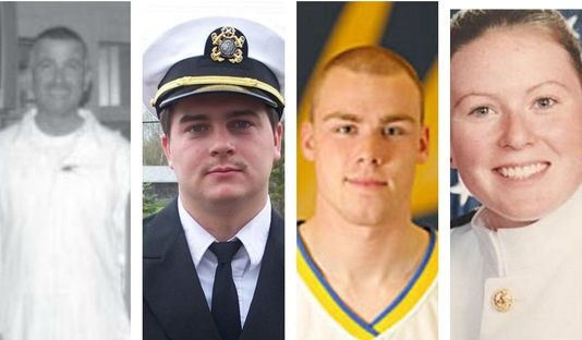 Pictured from left are Capt. Michael Davidson from Windham and Maine Maritime Academy graduates Michael Holland of Wilton, and Danielle Randolph and Dylan Meklin, both of Rockland. Not shown is  Mitchell Kuflik, 26, of Brooklyn, New York, another graduate of Maine Maritime Academy who died on the El Faro. WCSH photo