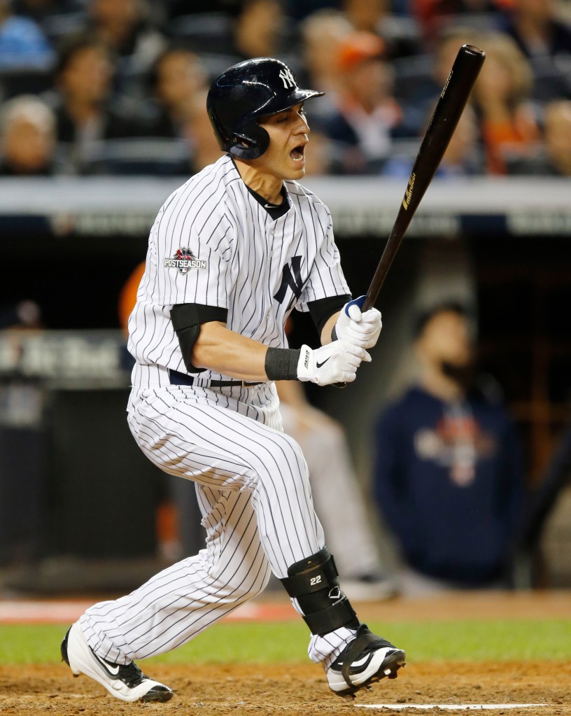 Jacoby Ellsbury reacts after popping out in the eighth inning of the American League wild-card game Tuesday against Houston, the only contribution in the game for New York’s $153 million pinch-hitter. The Associated Press