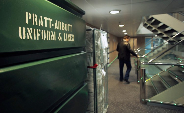 Linens supplied by Pratt Abbott sit aboard the Nova Star as preparations are made for its first trip, in May 2014. Pratt Abbott now says the ship's operator owes it $262,000. Nova Star Cruises’ bankruptcy filing lists an unsecured debt of $16,214.
Press Herald file photo/ Amelia Kunhardt