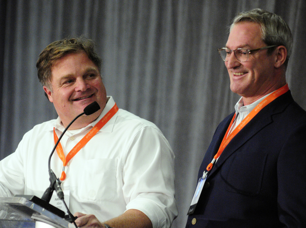 Otto Pizza co-founders Anthony Allen, left, and Mike Keon describe how they built their business despite bucking industry trends, on Tuesday during the Mainebiz Momentum Convention at the Augusta Civic Center.