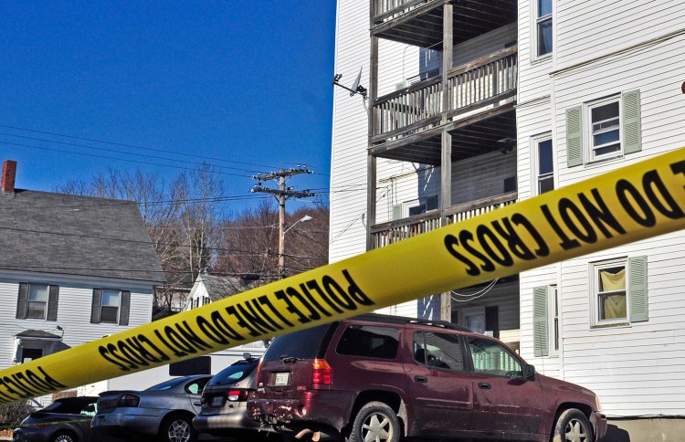 Police tape surrounds the parking lot at 75 Washington St. in Augusta on Tuesday.