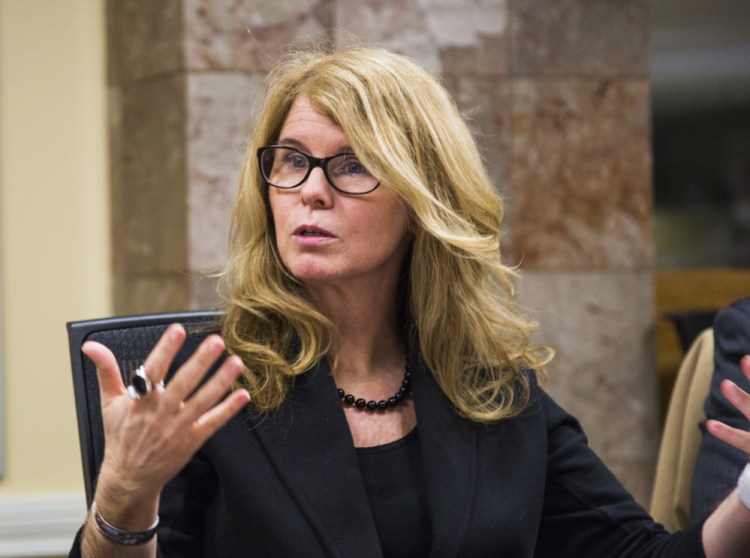 DHHS Commissioner Mary Mayhew is interviewed Tuesday at Press Herald offices during a meeting with the newspaper’s editorial board. She gave detailed answers on topics including the state’s strategy to alleviate the heroin crisis.