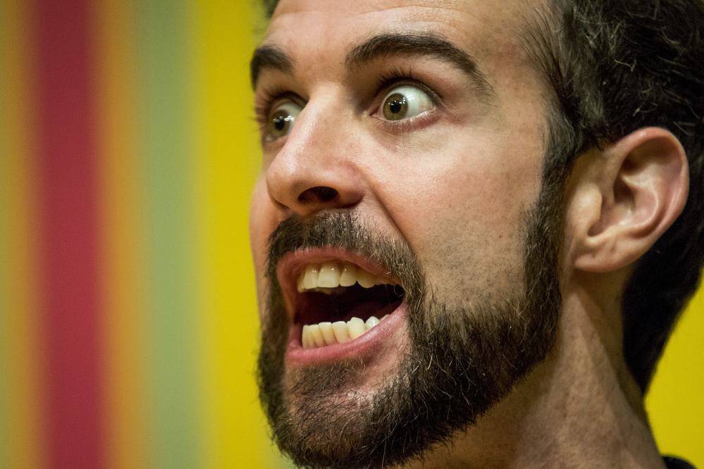 Wood, playing the role of hairdresser Tony in "Shear Madness" lets out a shout during a rehearsal of the play at the St. Lawrence Arts Center. Gabe Souza/Staff Photographer