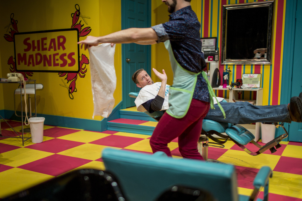 Timothy C. Goodwin, seated, who plays Nick in “Shear Madness,” reacts as Tony the hairdresser, played by Michael Wood, brings a hot towel to place on his face as the actors rehearse the play at the St. Lawrence Arts Center in Portland. Below: Wood lets out a shout. Below left: Mrs. Shubert, played by Laura Houck, has her hair done by Barbara the hairdresser, played by Kathleen Kimball.