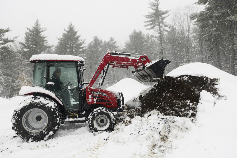 Michelle Melaragno of Compassionate Composting works on a curing pile at her Whistle Ridge Farm in Auburn. Melaragno has composted more than 250 animals in the past three years, and some of the compost is returned to the animals’ pastures.