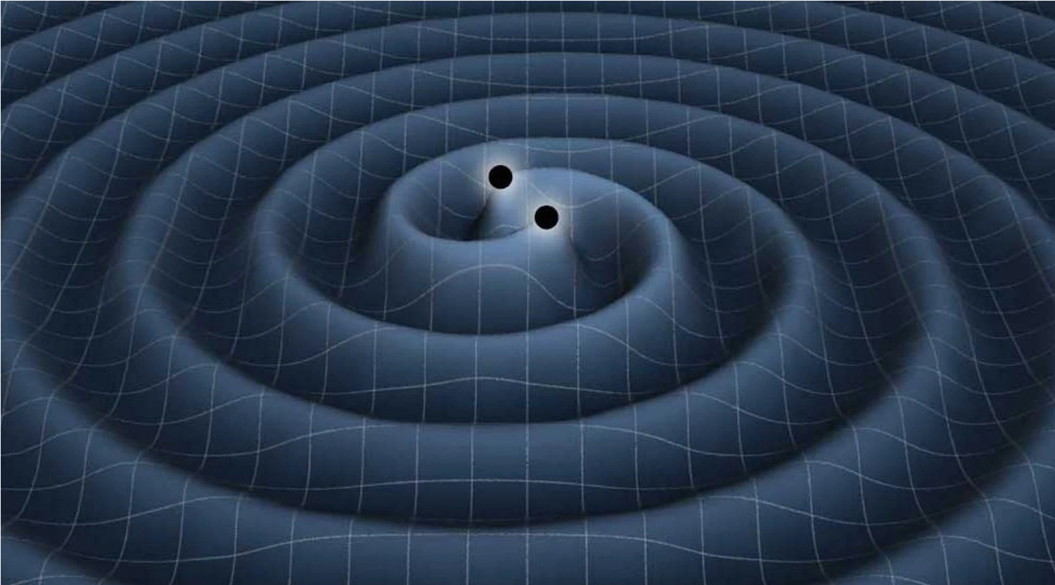 In this artist's conception, a binary black hole produces gravitational waves that travel outwards and carry energy away from the system.