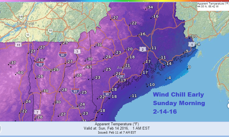 Forecast wind chills for Sunday, Feb. 14, 2016.
