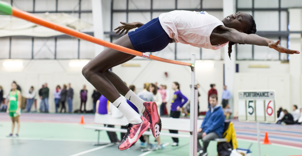 Nyagoa Bayak, a freshman from Westbrook, recorded first-place finishes in the high jump and long jump and placed third in the triple jump at the SMAA indoor track championships in Gorham on Feb. 6. Bayak went on to set a state record in the high jump at the Class A championships, then won the New England championship.