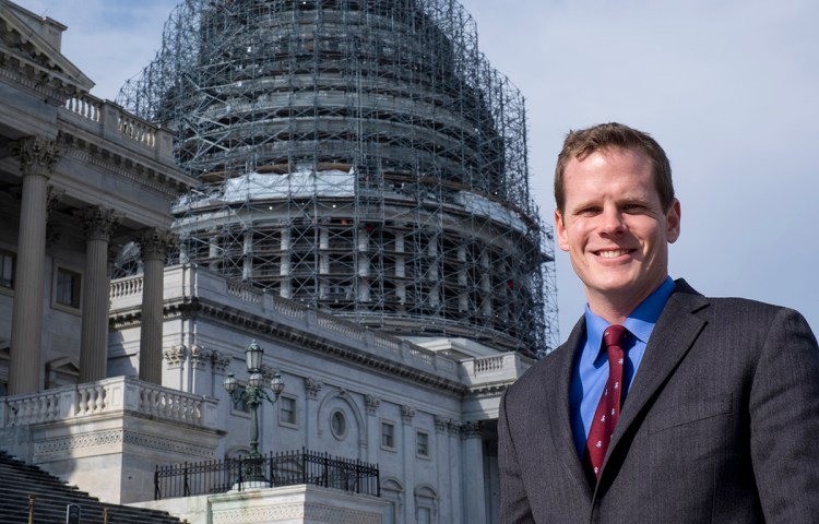 Christopher R. Poulos in front of the Capitol in Washington in January. Although he has been in recovery from a substance abuse disorder since 2007, Poulos won an internship at the White House and is a law student at the University of Maine. Photo by Pete Marovich for The Washington Post