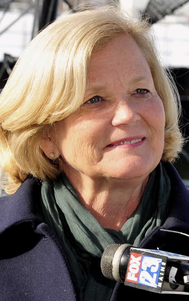 Gordon Chibroski / Staff Photographer.  Friday, March 2, 2012. Chellie Pingree listens to a question from the media as she talks about her decision to run for Olympia Snowe's Senate seat at a Press Conference held on the Portland Fish Pier just outside her office.