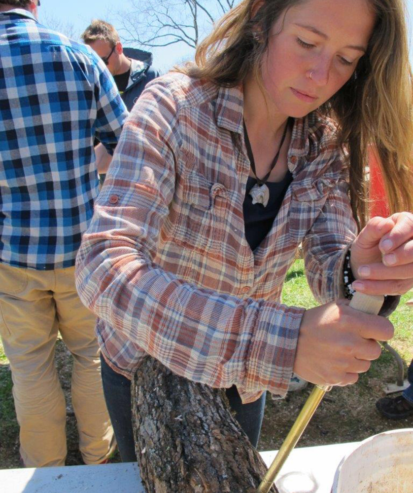 Katy Marshall inoculates a log with shiitake mushroom spawn at Eddy Farm in Middlebury, Vt. On Saturday, the farm hosted the sixth annual Shiitakepalooza, at which volunteers help mushroom growers fill logs that will eventually sprout shiitake mushrooms.