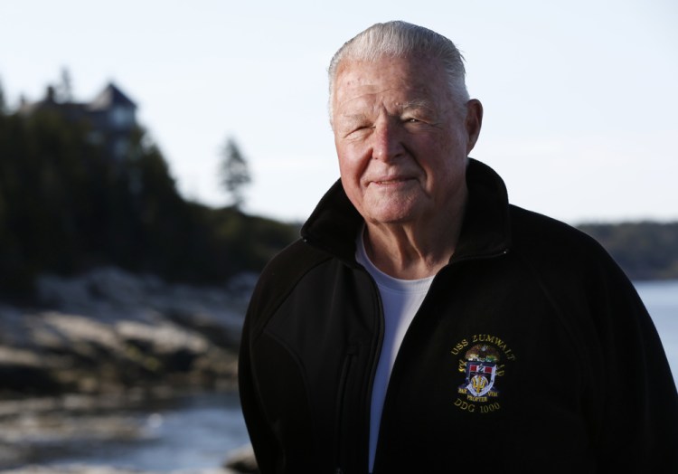 Capt. Earl Walker poses in Southport,. He held off retirement until he had the opportunity to pilot the Navy's futuristic Zumwalt destroyer safely down the Kennebec River to the Atlantic Ocean for sea trials earlier this year.