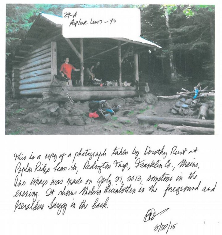 A photo taken by another hiker and included in the Maine Warden Service report on the disappearance of and search for Appalachian Trail hiker Geraldine Largay shows Largay in the back of the Poplar Ridge lean-to in Redington Township the day before she went off the trail. The note about the photo is part of the file.