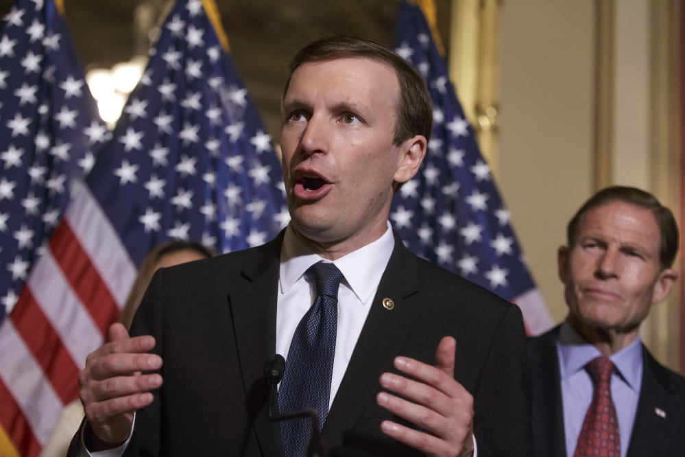 Sen. Chris Murphy, D-Conn., left, accompanied by Sen. Richard Blumenthal, D-Conn., right, and other Democratic senators, calls for gun control legislation in the wake of the mass shooting in an Orlando nightclub this week, on Thursday on Capitol Hill in Washington.