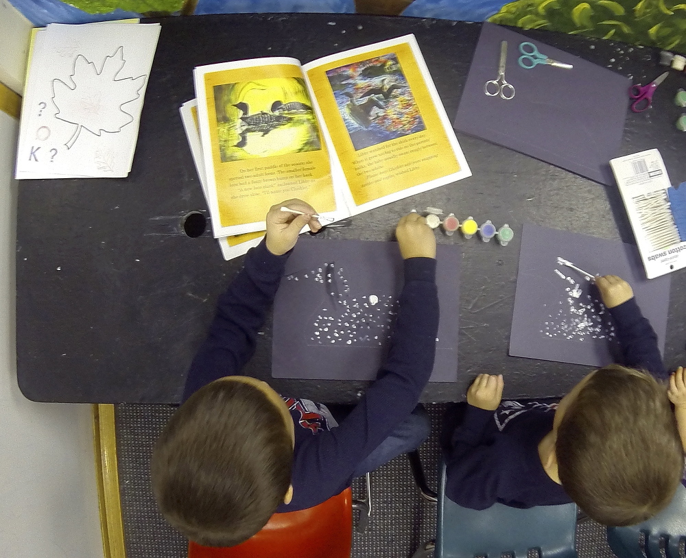 Keaton Gregoire, 6, left, and Isaac Gregoire, 4, both of Greene, do an art project after hearing Nancy Prince read her book "Libby's Loons" in 2013 at Children's Discovery Museum in Augusta.