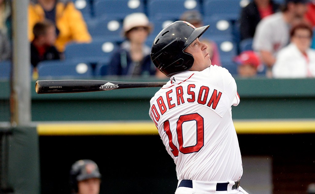 Portland's Tim Roberson watches his third-inning home run against the Hartford Yard Goats in the first game of Friday's doubleheader.
Shawn Patrick Ouellette/Staff Photographer