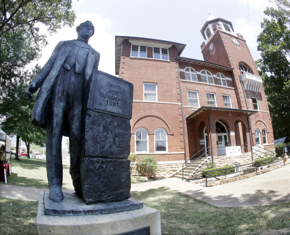 A statue of orator William Jennings Bryan stands out side the Rhea County Courthouse in Dayton, Tenn. An atheist group is raising money to add a statue of attorney Clarence Darrow.