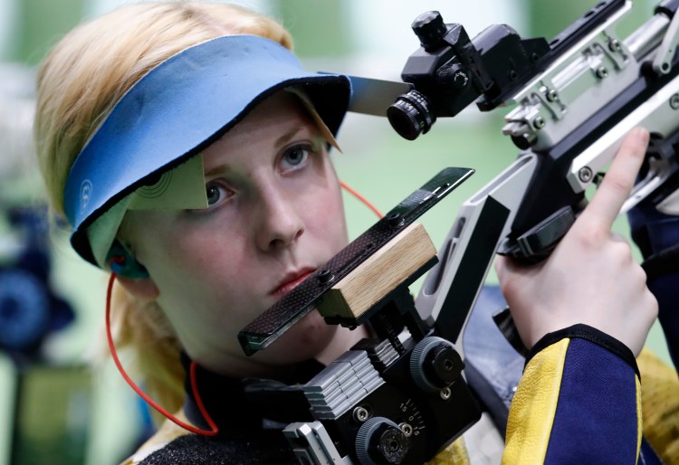 Virginia Thrasher of the United States competes during the Women's 10m Air Rifle Qualification at the 2016 Summer Olympics in Rio de Janeiro on Saturday. (Associated Press/Hassan Ammar)